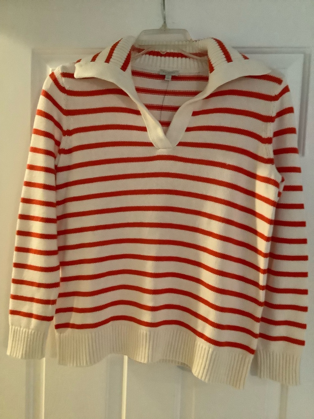 Talbots Cream and Red Striped V-Neck Polo Sweater